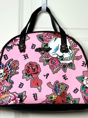 Ed Hardy Pink Tattoo Graffiti Print Bowler-Style Tote Handbag